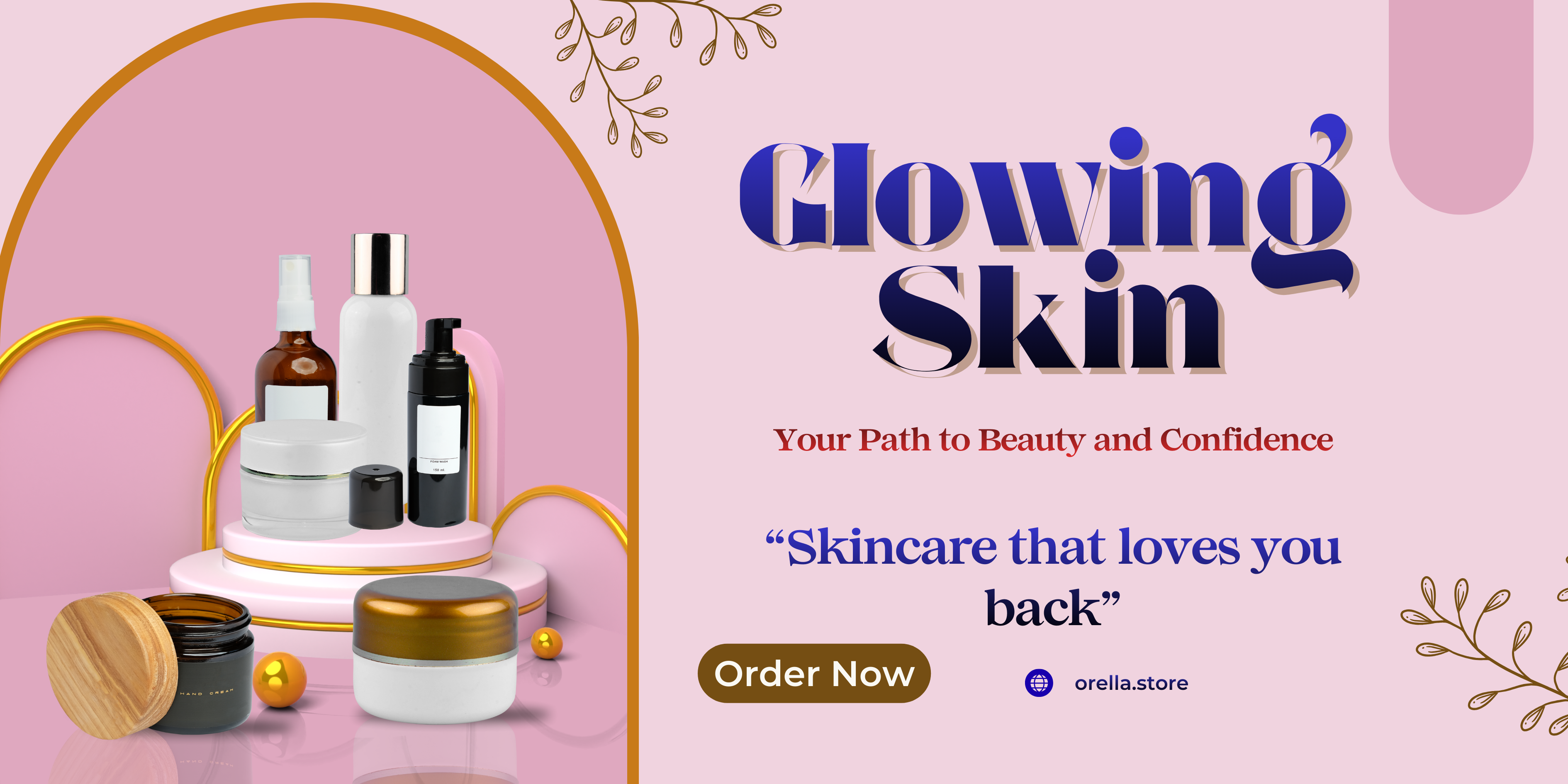 Cosmetic products on a pink background with 'Glowing Skin' text and call to action.