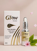 Glow Genile anti wrinkle and acne serum with packaging on a beige background