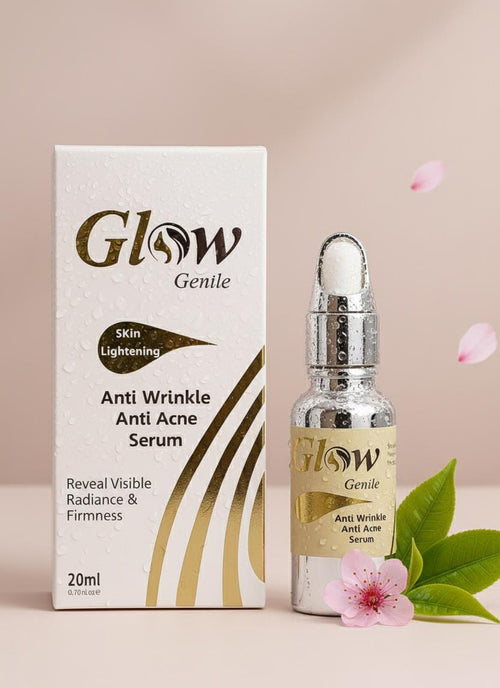 Glow Genile anti wrinkle and acne serum with packaging on a beige background