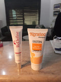 Two skincare products, 'Redefine' and 'Keratoc Biotin', on a wooden surface.