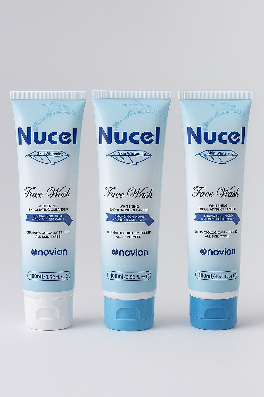 Three bottles of Nucel Face Wash on a white background